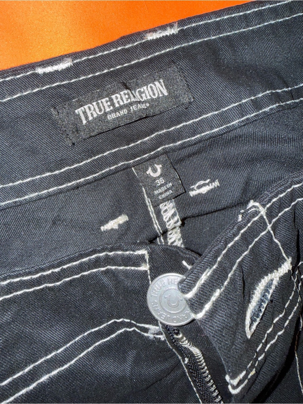 True Religion Black Relaxed Jeans with White Stitching